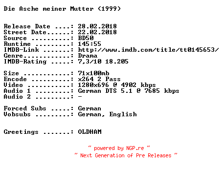NFO for the release Die.Asche.meiner.Mutter.1999.German.720p.BluRay.x264-SPiCY by SPiCY