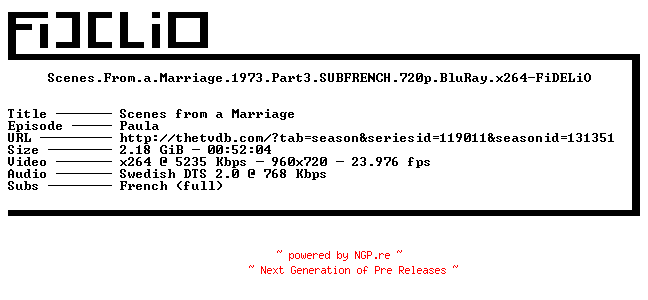 NFO for the release Scenes.From.a.Marriage.1973.Part3.SUBFRENCH.720p.BluRay.x264-FiDELiO by FiDELiO