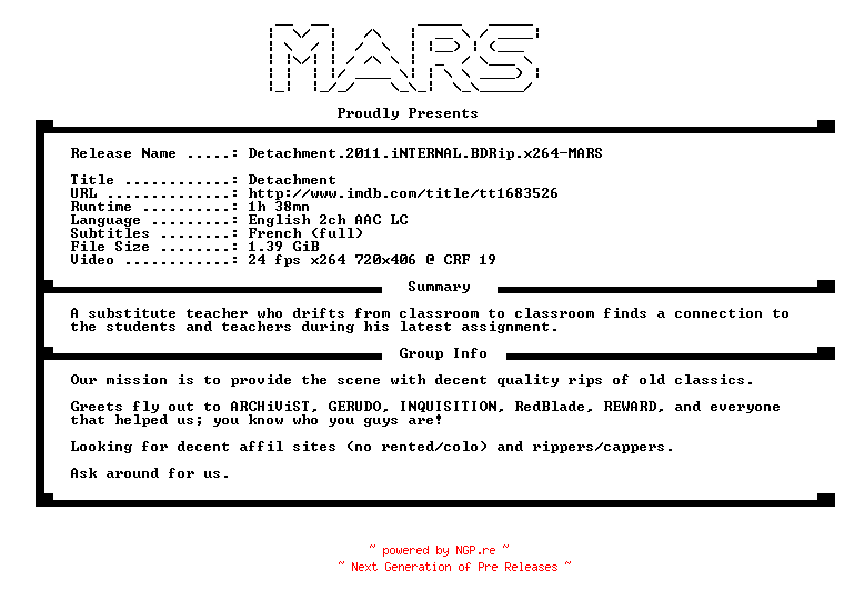 NFO for the release Detachment.2011.iNTERNAL.BDRip.x264-MARS by MARS