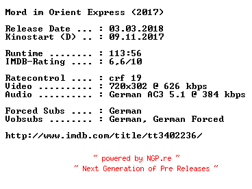 NFO for the release Mord.im.Orient.Express.German.2017.AC3.BDRip.x264-COiNCiDENCE by COiNCiDENCE