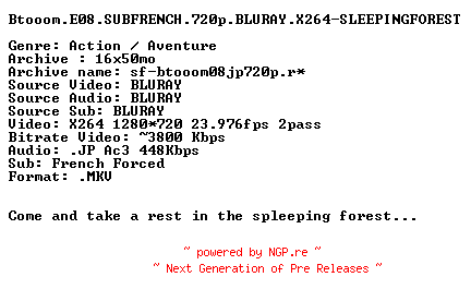 NFO for the release Btooom.E08.SUBFRENCH.720p.BLURAY.X264-SLEEPINGFOREST by SLEEPINGFOREST