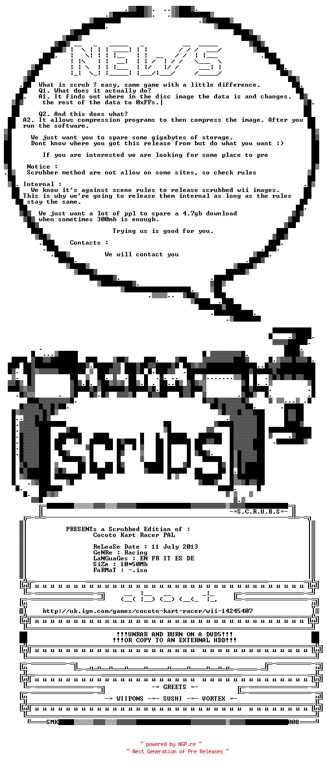 NFO for the release Cocoto.Kart.Racer.Pal.Wii.Scrubbed.435Mb.Internal-SCRUBS by SCRUBS