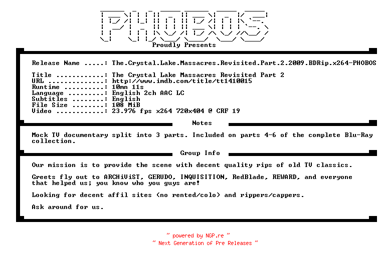 NFO for the release The.Crystal.Lake.Massacres.Revisited.Part.2.2009.BDRip.x264-PHOBOS by PHOBOS