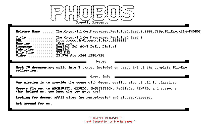NFO for the release The.Crystal.Lake.Massacres.Revisited.Part.2.2009.720p.BluRay.x264-PHOBOS by PHOBOS