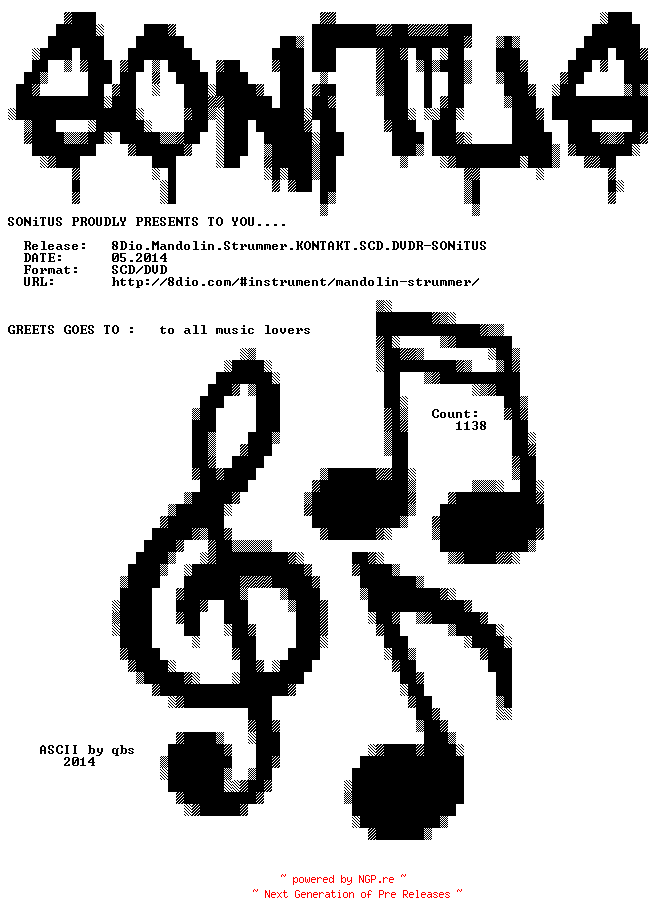 NFO for the release 8Dio.Mandolin.Strummer.KONTAKT.SCD.DVDR-SONiTUS by SONiTUS
