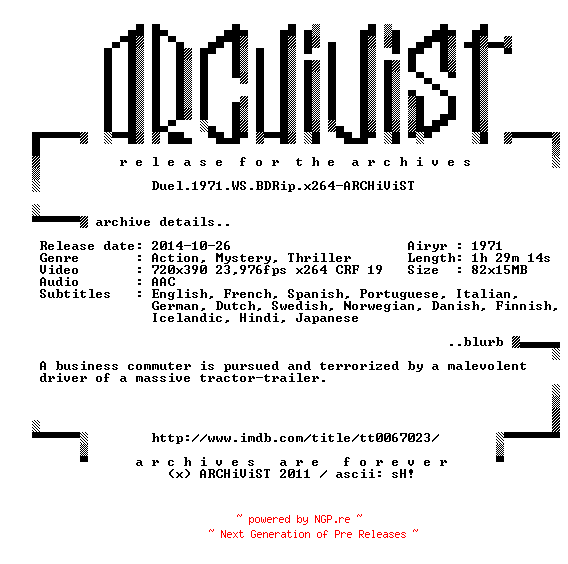NFO for the release Duel.1971.WS.BDRip.x264-ARCHiViST by ARCHiViST