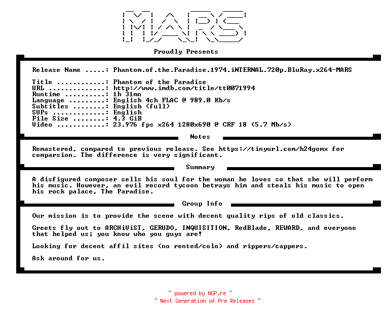 NFO for the release Phantom.of.the.Paradise.1974.iNTERNAL.720p.BluRay.x264-MARS by MARS