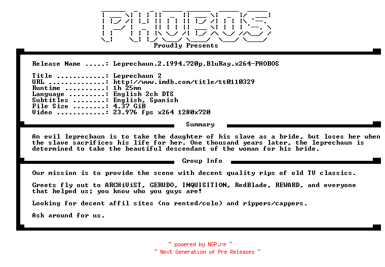 NFO for the release Leprechaun.2.1994.720p.BluRay.x264-PHOBOS by PHOBOS