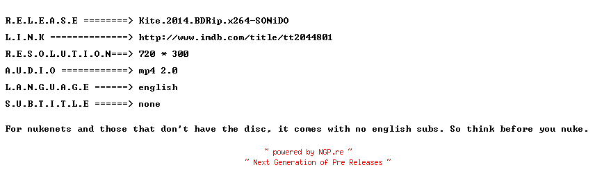 NFO for the release Kite.2014.BDRip.x264-SONiDO by SONiDO
