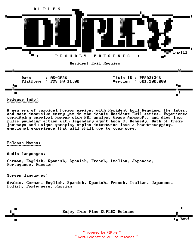 NFO for the release RESIDENT.EVIL.requiem.PS5-DUPLEX by DUPLEX