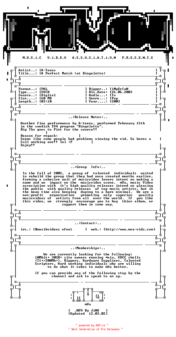 NFO for the release A-Teens-A_Perfect_Match_(at_Bingolotto)-REPACK-SVCD-2003-mVa by mVa