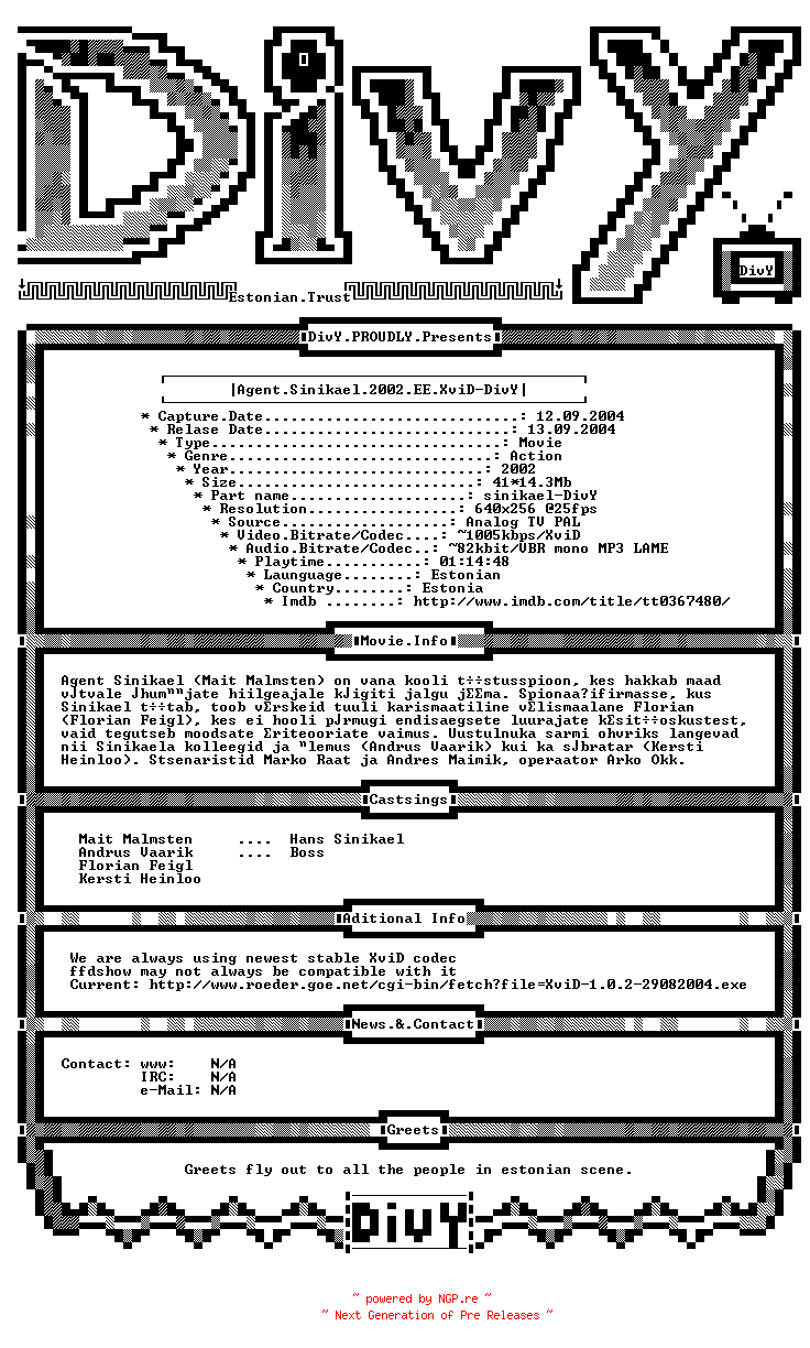NFO for the release Agent.Sinikael.2002.EE.XviD-DivY by DivY