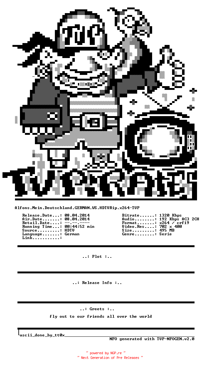 NFO for the release Alfons.Mein.Deutschland.GERMAN.WS.HDTVRip.x264-TVP by TVP