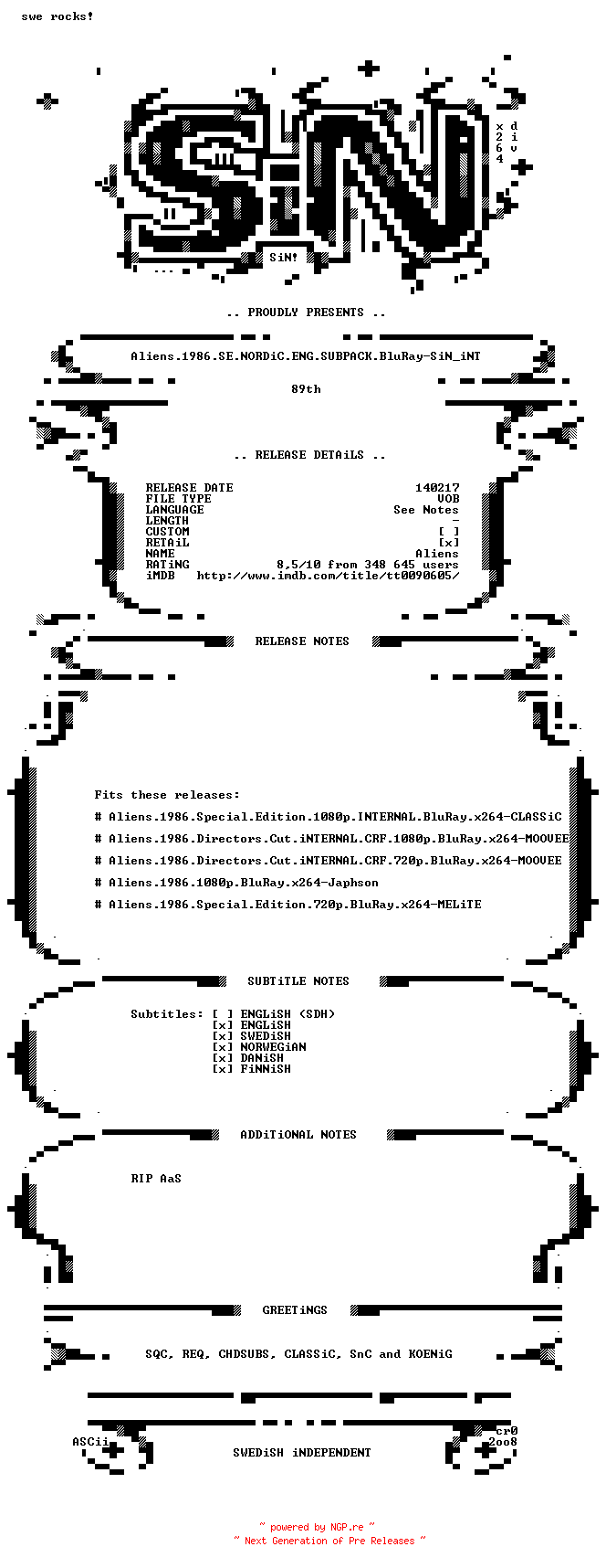 NFO for the release Aliens.1986.SE.NORDiC.ENG.SUBPACK.BluRay-SiN_iNT by SiN_iNT