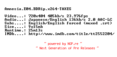 NFO for the release Amnesia.E04.BDRip.x264-TAXES by TAXES