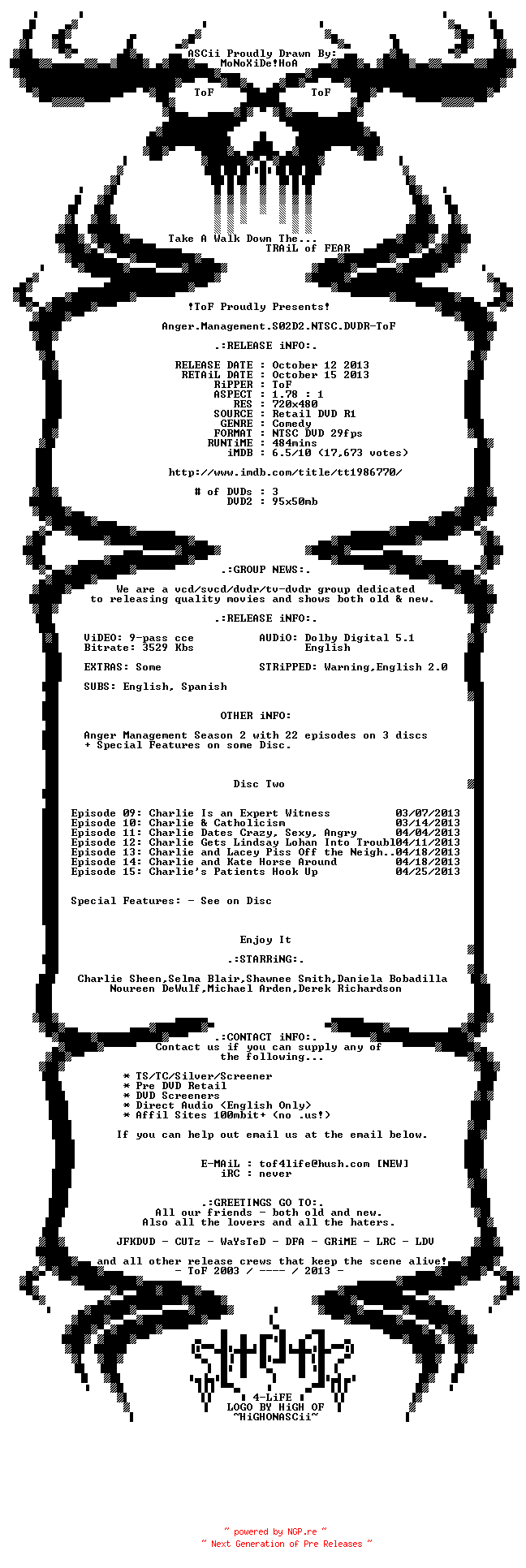 NFO for the release Anger.Management.S02D2.NTSC.DVDR-ToF by ToF