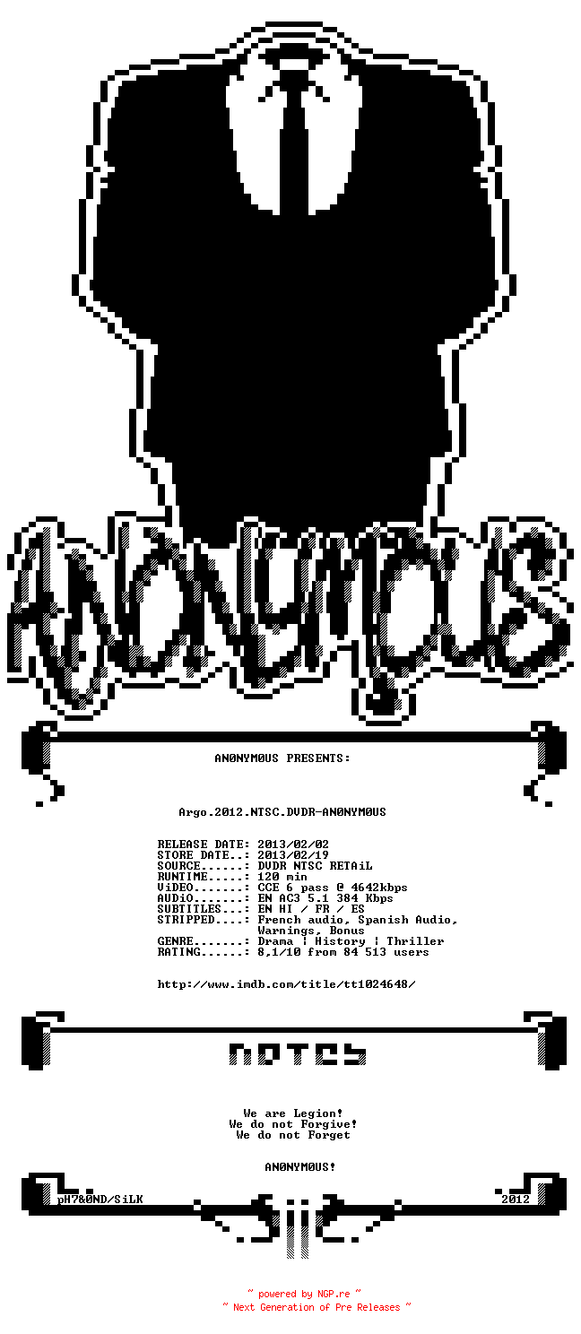 NFO for the release Argo.2012.NTSC.DVDR-AN0NYM0US by AN0NYM0US