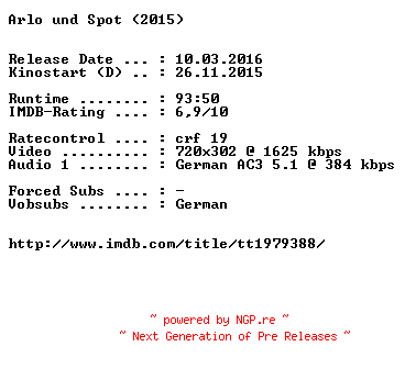 NFO for the release Arlo.und.Spot.German.2015.AC3.BDRiP.x264-EXQUiSiTE by EXQUiSiTE