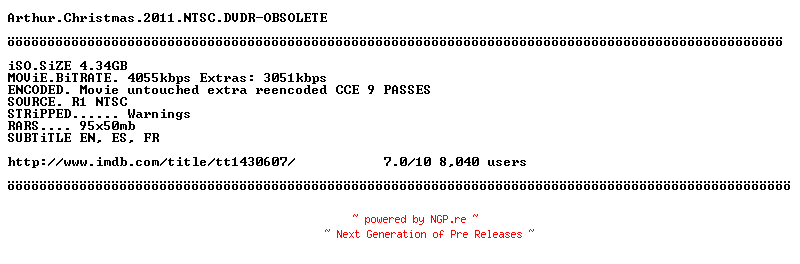 NFO for the release Arthur.Christmas.2011.NTSC.DVDR-OBSOLETE by OBSOLETE