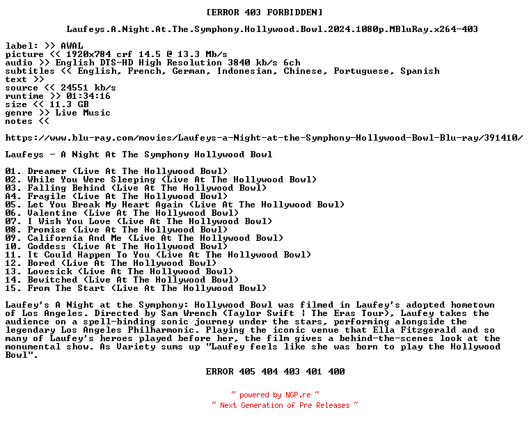 NFO for the release Laufeys.A.Night.At.The.Symphony.Hollywood.Bowl.2024.1080p.MBluRay.x264-403 by 403