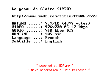 NFO for the release Claires.Knee.1970.720p.BluRay.x264-MELiTE by MELiTE
