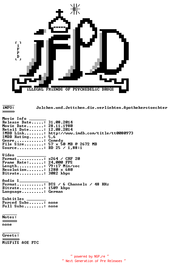 NFO for the release Julchen.und.Jettchen.die.verliebten.Apothekerstoechter.1982.German.720p.BluRay.x264-iFPD by iFPD