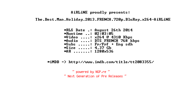 NFO for the release The.Best.Man.Holiday.2013.FRENCH.720p.BluRay.x264-AiRLiNE by AiRLiNE