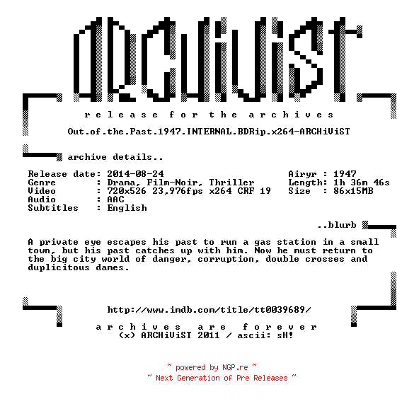 NFO for the release Out.of.the.Past.1947.INTERNAL.BDRip.x264-ARCHiViST by ARCHiViST
