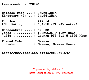 NFO for the release Transcendence.German.720p.BluRay.x264-EXQUiSiTE by EXQUiSiTE