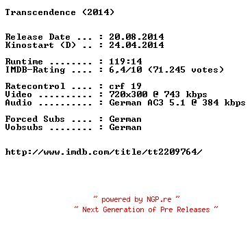 NFO for the release Transcendence.German.BDRiP.x264-EXQUiSiTE by EXQUiSiTE