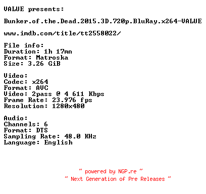 NFO for the release Bunker.of.the.Dead.2015.3D.720p.BluRay.x264-VALUE by VALUE