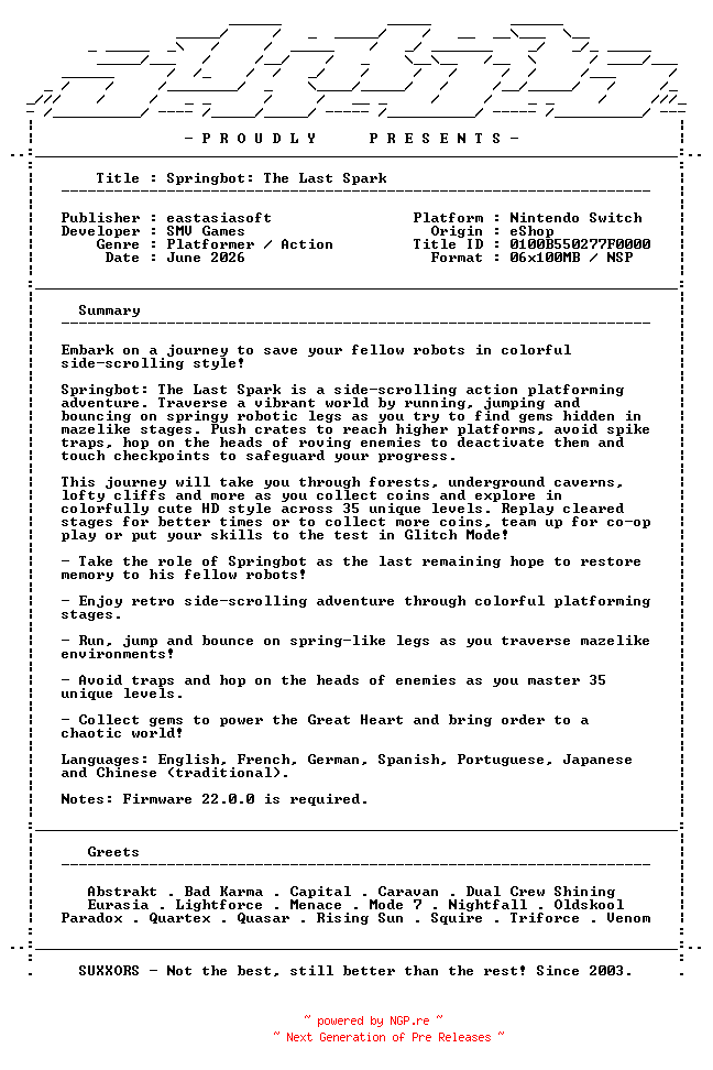 NFO for the release Springbot_The_Last_Spark_NSW-SUXXORS by SUXXORS