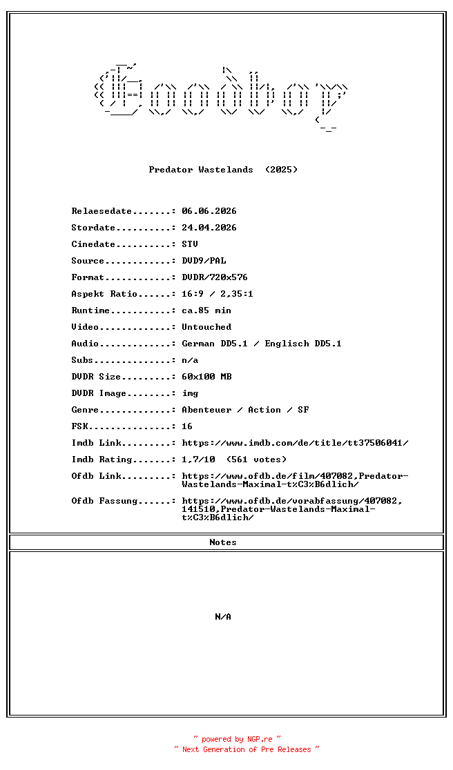 NFO for the release Predator.Wastelands.GERMAN.2025.DL.COMPLETE.PAL.DVD9-Goodboy by Goodboy