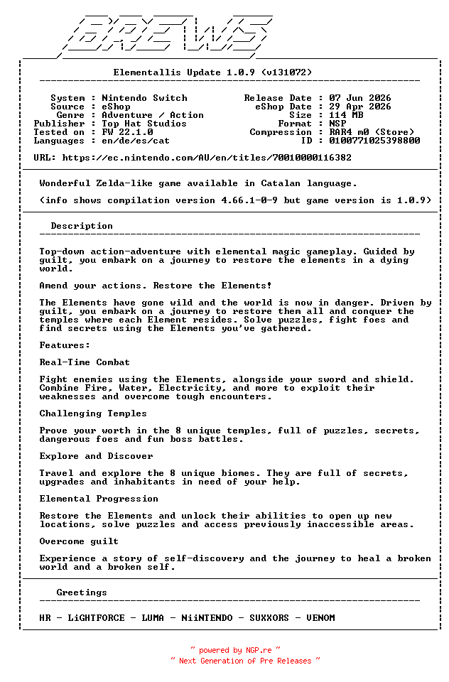 NFO for the release Elementallis_Update_v1.0.9_NSW-BREWS by BREWS