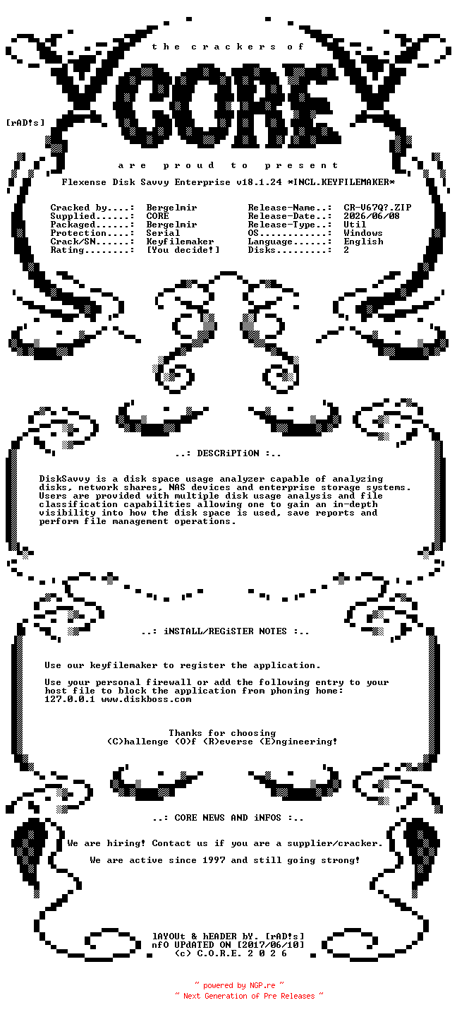 NFO for the release Flexense.Disk.Savvy.Enterprise.v18.1.24.Incl.Keyfilemaker-CORE by CORE