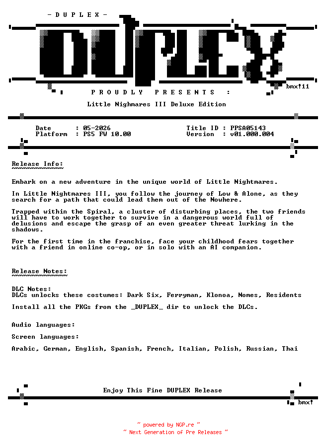 NFO for the release Little.Nighmares.III.Deluxe.Edition.PS5-DUPLEX by DUPLEX