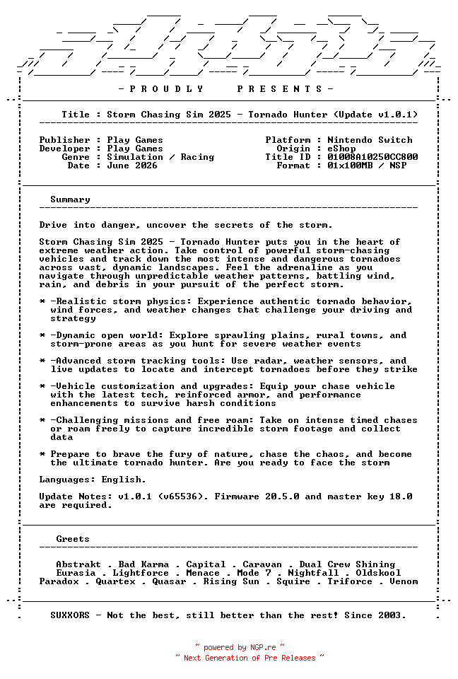NFO for the release Storm_Chasing_Sim_2025_Tornado_Hunter_Update_v1.0.1_NSW-SUXXORS by SUXXORS