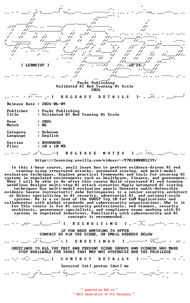 NFO for the release Packt.Publishing.-.Validated.AI.Red.Teaming.At.Scale.2026.BOOKWARE-LERNSTUF by LERNSTUF