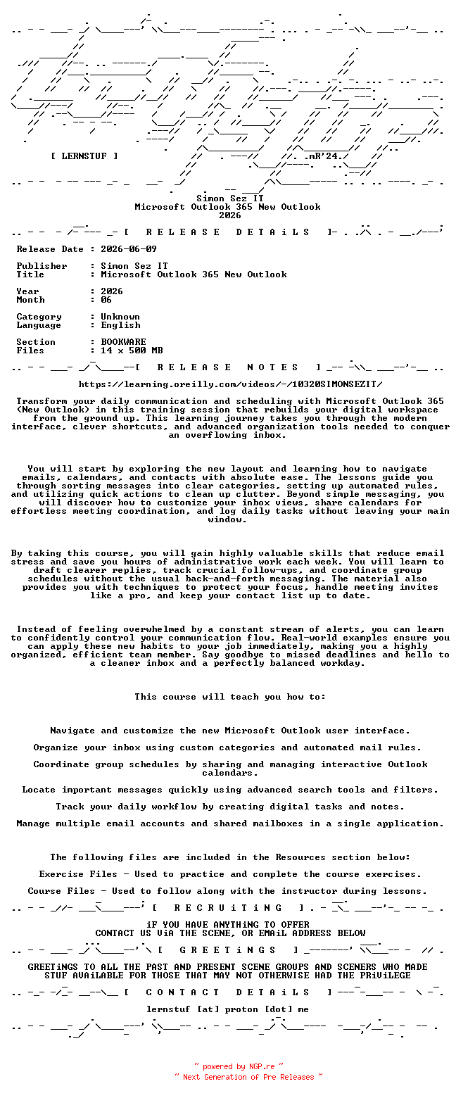 NFO for the release Simon.Sez.IT.-.Microsoft.Outlook.365.New.Outlook.2026.BOOKWARE-LERNSTUF by LERNSTUF