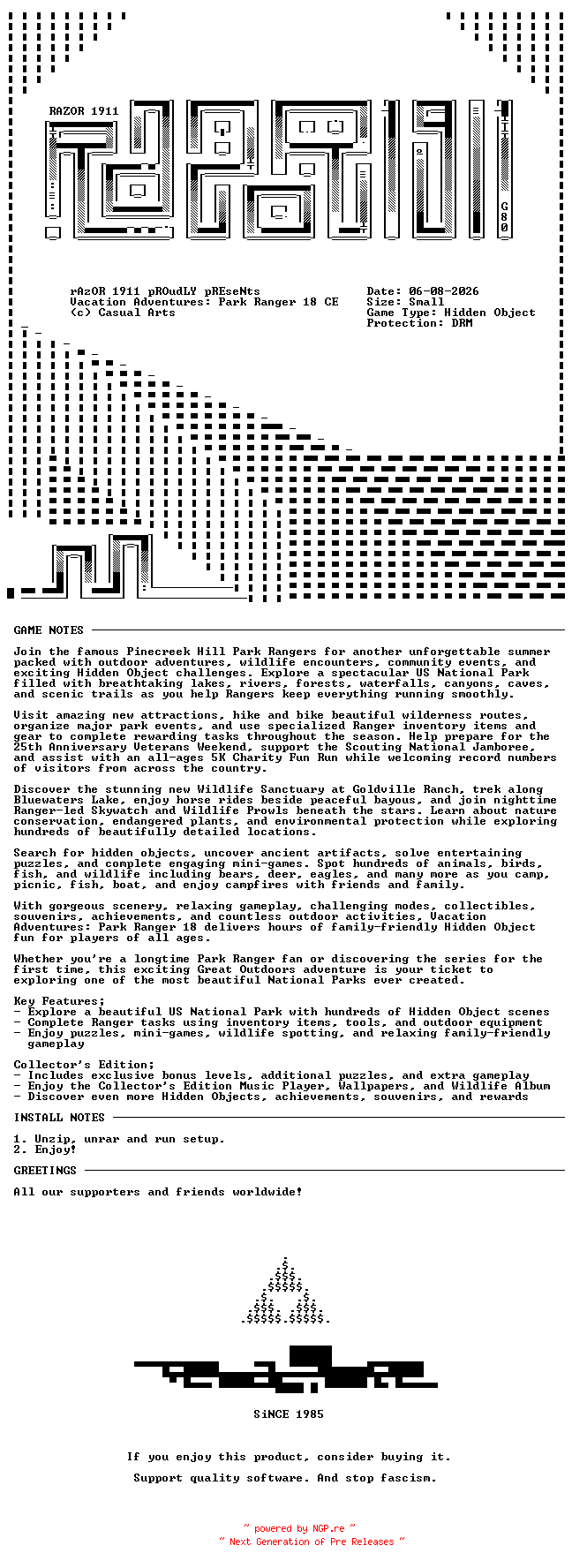 NFO for the release Vacation_Adventures_Park_Ranger_18_Collectors_Edition-RAZOR by RAZOR
