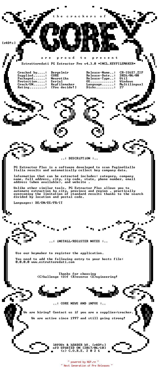 NFO for the release Estrattoredati.PG.Extractor.Pro.v4.3.0.Multilingual.Incl.Keyfilemaker-CORE by CORE