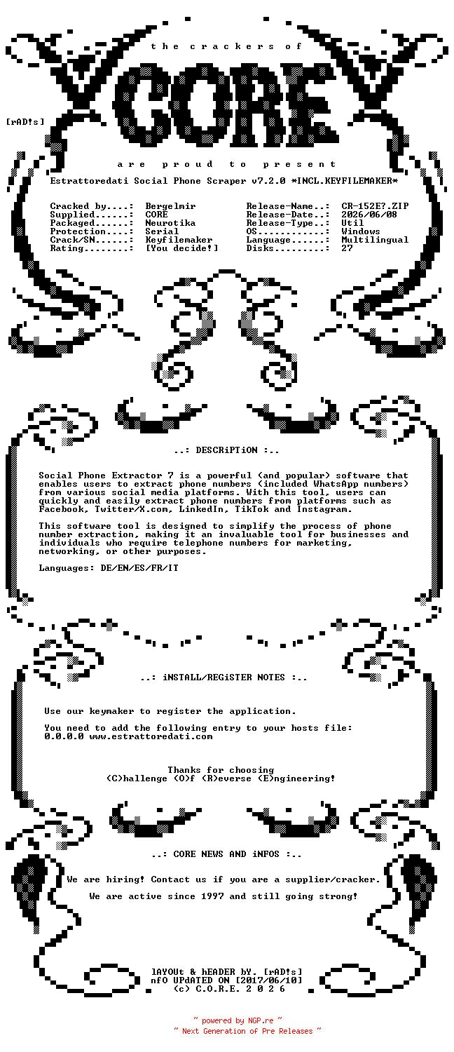 NFO for the release Estrattoredati.Social.Phone.Scraper.v7.2.0.Multilingual.Incl.Keyfilemaker-CORE by CORE