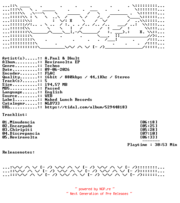 NFO for the release A.Paul_And_Dkult-Reviravolta_EP-NLD733-16BIT-WEB-FLAC-2026-WAVED by WAVED
