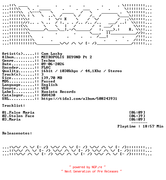 NFO for the release Cam_Lasky-METROPOLIS_BEYOND_Pt_2-KWO430-16BIT-WEB-FLAC-2026-WAVED by WAVED