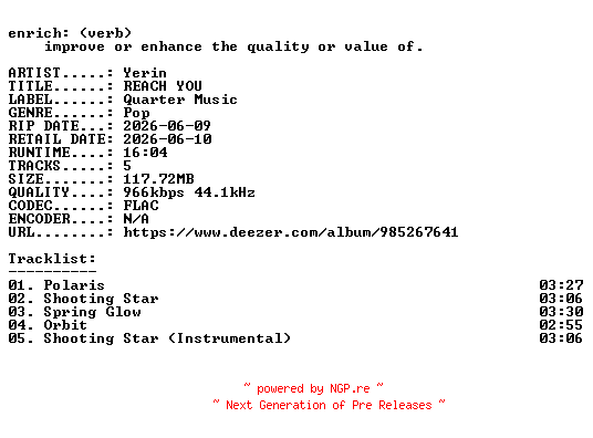 NFO for the release Yerin-REACH_YOU-KR-EP-16BIT-WEB-FLAC-2026-ENRiCH by ENRiCH