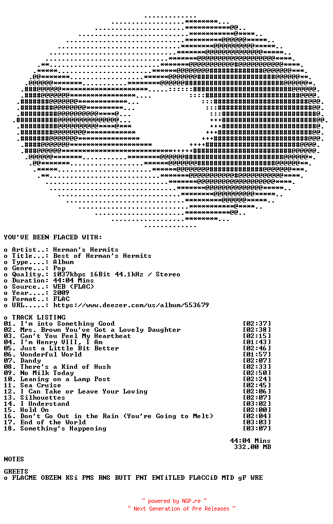 NFO for the release Hermans_Hermits-Best_of_Hermans_Hermits-16BIT-WEB-FLAC-2009-FLACED by FLACED