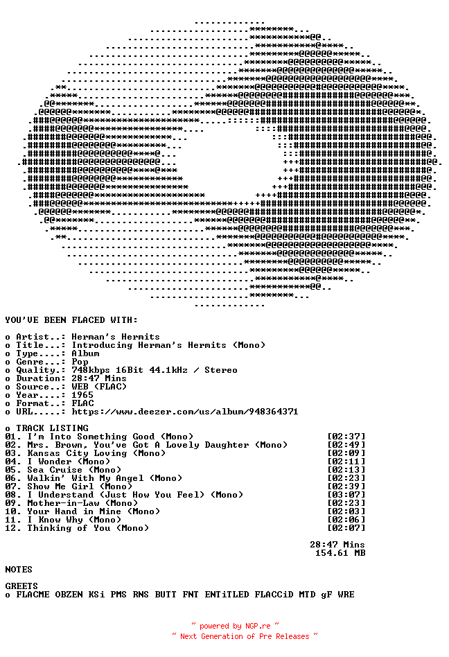 NFO for the release Hermans_Hermits-Introducing_Hermans_Hermits_(Mono)-16BIT-WEB-FLAC-1965-FLACED by FLACED