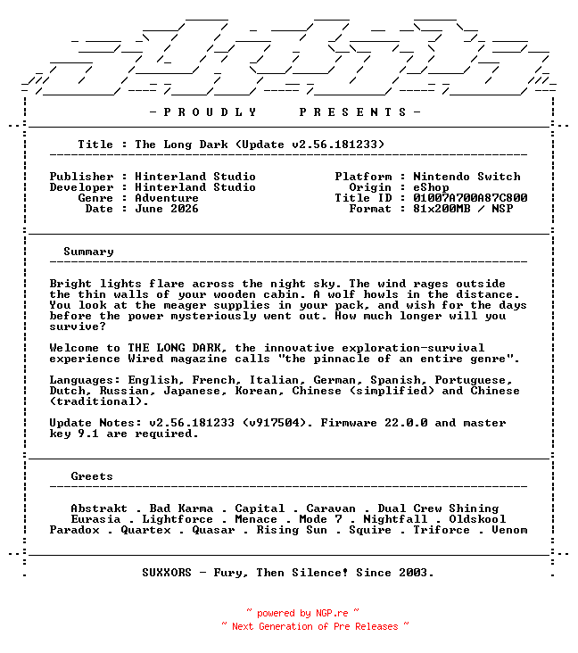 NFO for the release The_Long_Dark_Update_v2.56.181233_NSW-SUXXORS by SUXXORS