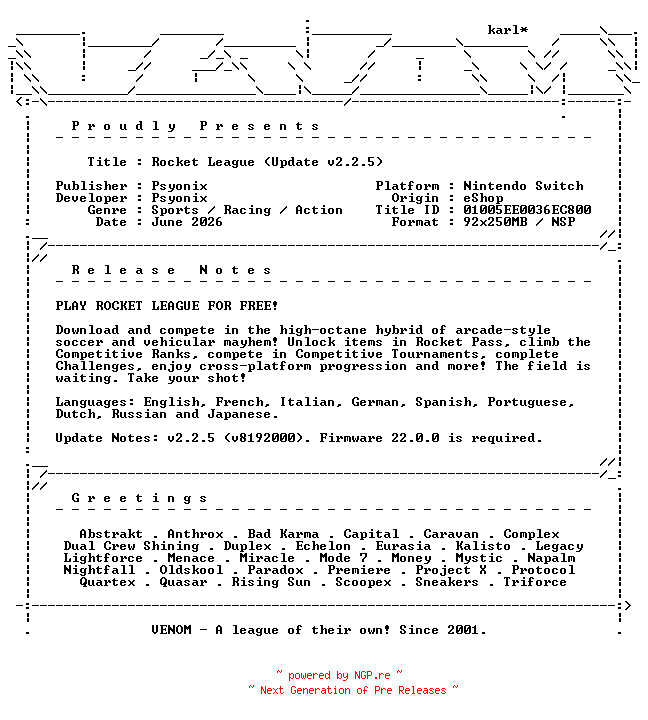 NFO for the release Rocket_League_Ultimate_Edition_Update_v2.2.5_NSW-VENOM by VENOM