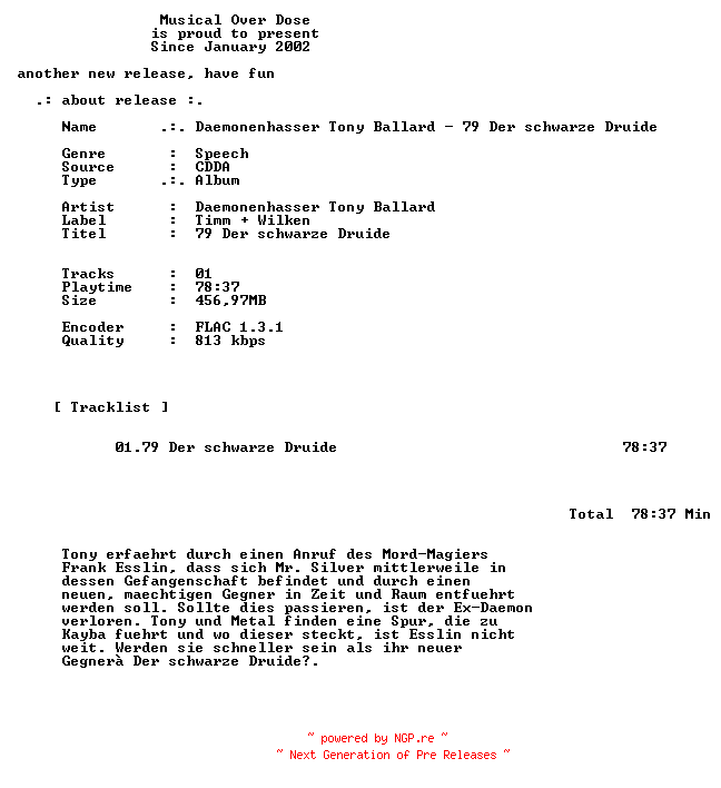 NFO for the release Daemonenhasser_Tony_Ballard-79_Der_Schwarze_Druide-DE-Audiobook-CD-FLAC-2026-MOD by MOD